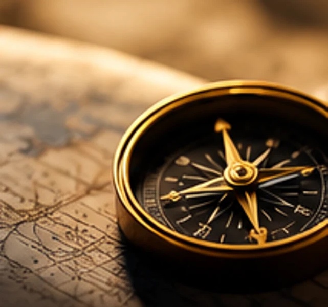 A brass compass resting on a map