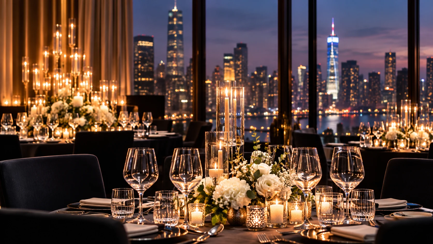 Corporate dinner set for guests with a city view at night