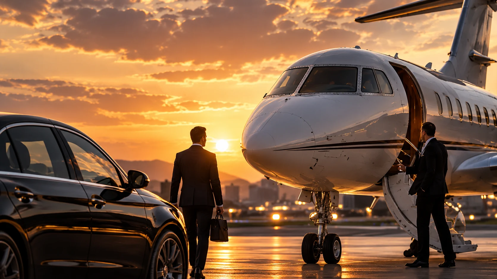 Executive walking to a private jet at sunset, with a chauffeured car waiting